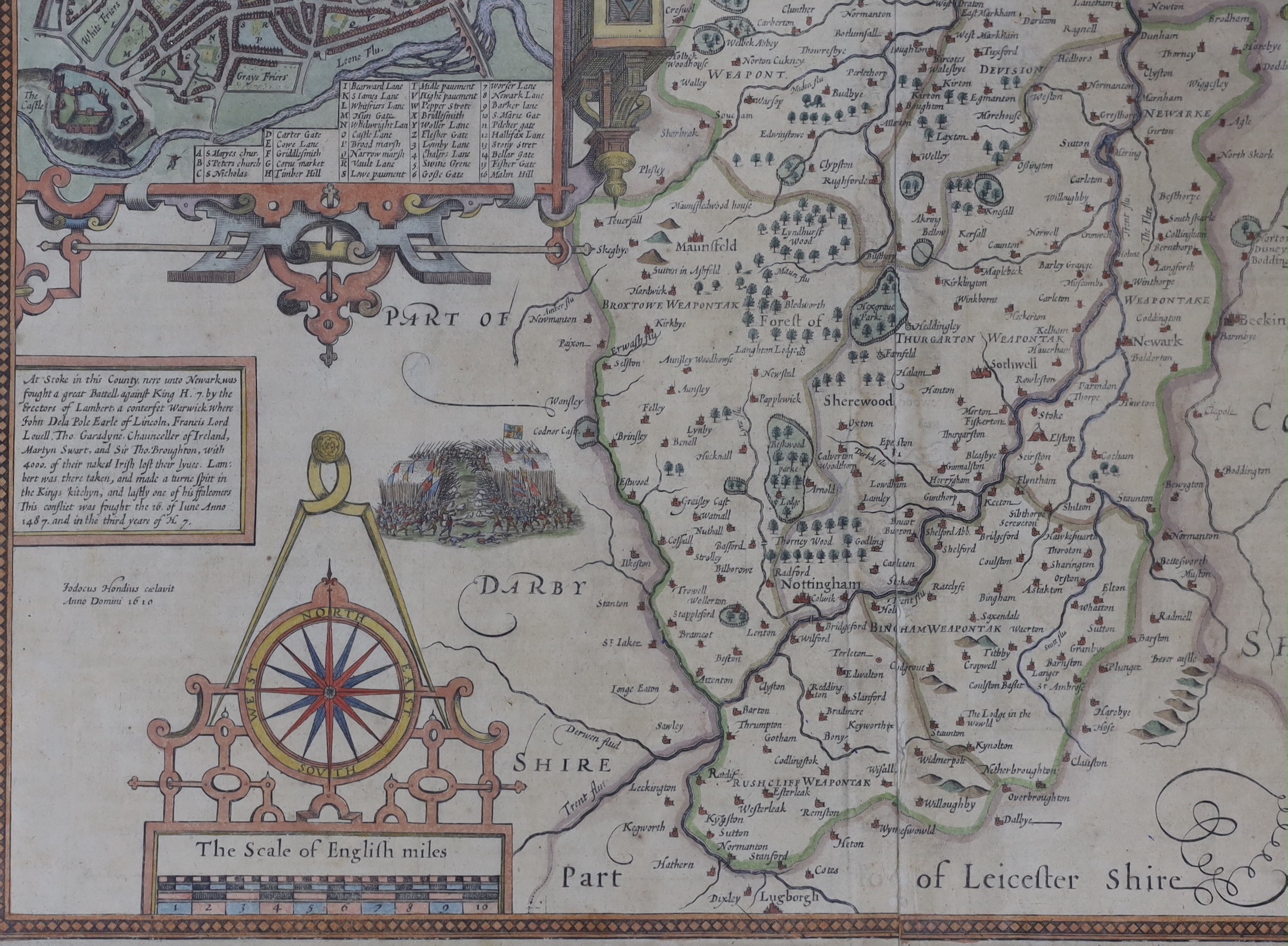 John Speede, coloured engraving, Map of Nottingham 1610, English text verso, 40 x 51cm